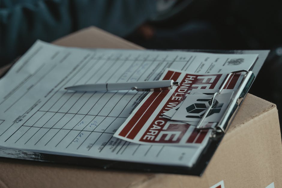 Four cardboard boxes of varying sizes are positioned on a paved surface in front of a grey garage door. The boxes are secured with packing labels indicating fragility and handling instructions, with s